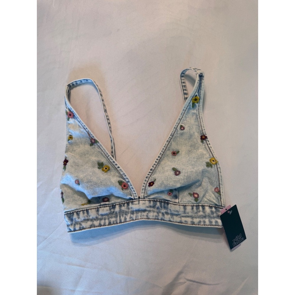 Wild Fable Light Wash Denim Embroidered Floral Bralette Top XXS NWT